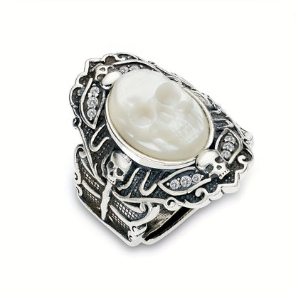 Total Weight 9.8g 1pc Women's Fashion Wide Face Ring 925 Pure Silvery Retro Gothic Style Skull Open Adjustable Ring Suitable for Daily Wear Halloween Surprise Gift First Choice, VIGG