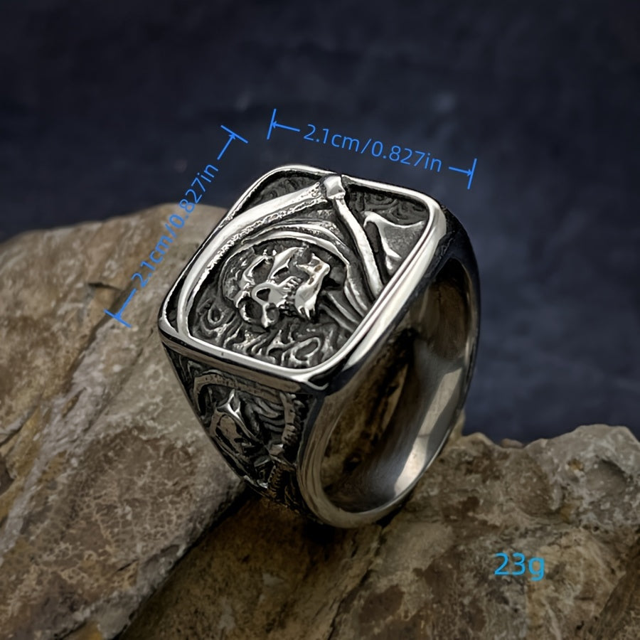 Stainless Steel Men's Ring - Vintage Punk Rock Style with Grim Reaper Skull Design, Single Piece
