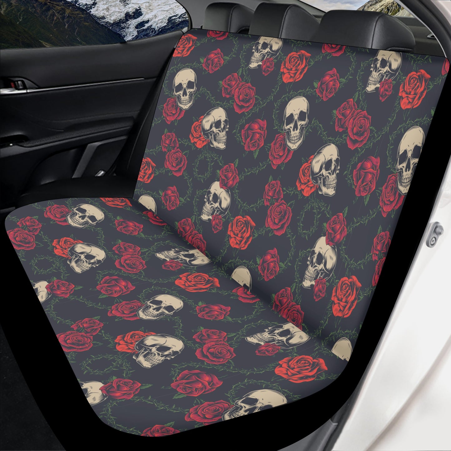 Christmas skull seat cover for car, skull in fire car seat protector, punisher skull rug for car, biker skull seat cover for vehicles, evil