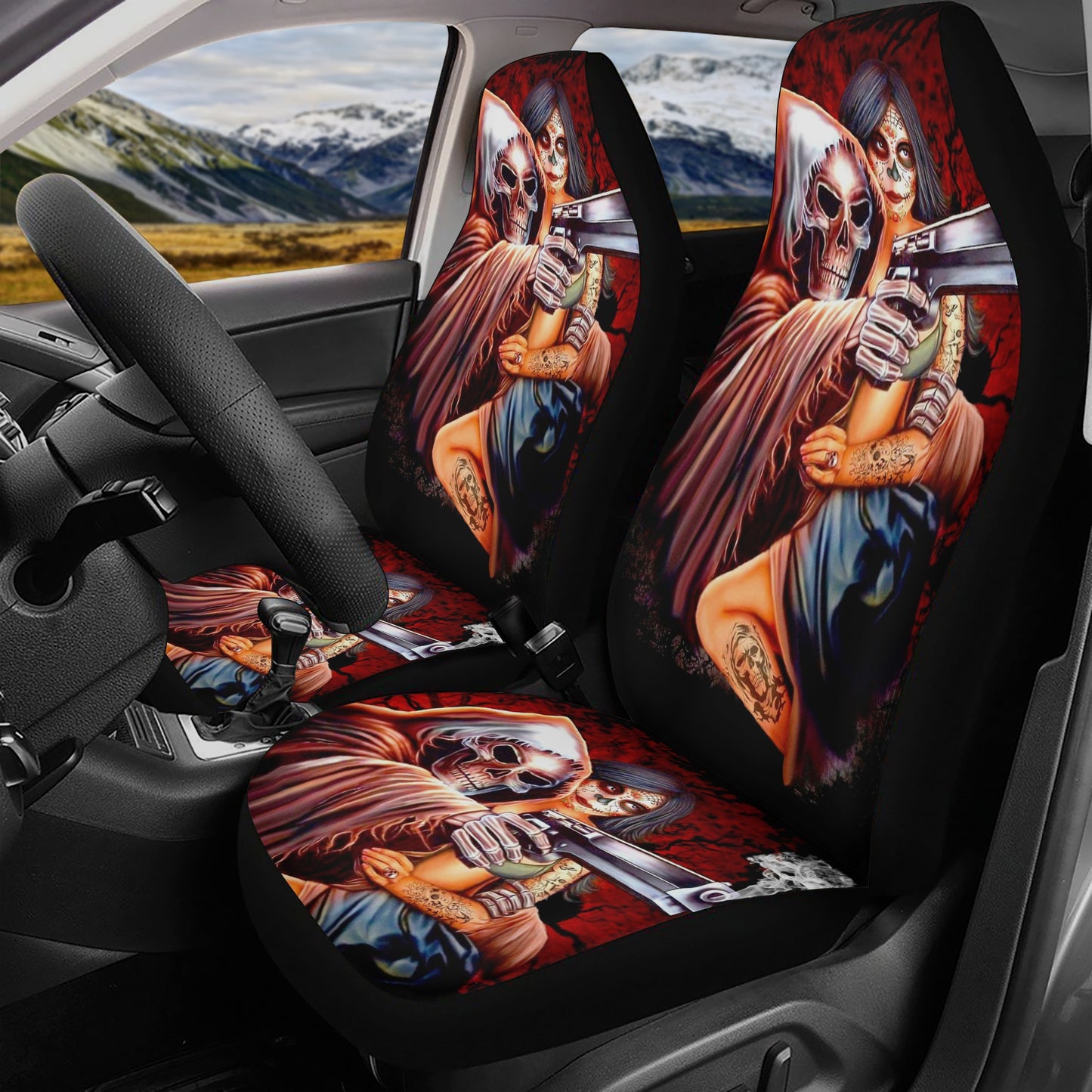 Car Seat Cover SetHalloween mat for vehicles, flame skull front and back car seat covers, christmas skull seat cover for car, grim reaper car protector, motorcycle skull car accessories, halloween seat cover protector, skeleton rug for car, christmas skul