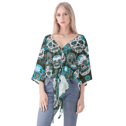 Sugar skull Women V-neck Streamers Blouse