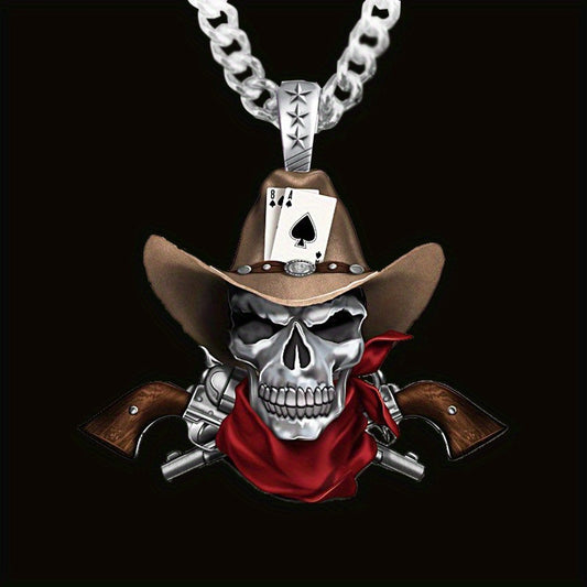 A Gothic Skull Necklace for Men, Retro Fashion Revolver, Western Cowboy Pendant, Punk Stainless Steel Men'S Jewelry, Gift Giving, Party, Birthday Jewelry, Creative and Cool Halloween Gift, Retro Style, Daily Wear, Celebration
