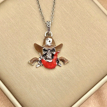 A Gothic Skull Necklace for Men, Retro Fashion Revolver, Western Cowboy Pendant, Punk Stainless Steel Men'S Jewelry, Gift Giving, Party, Birthday Jewelry, Creative and Cool Halloween Gift, Retro Style, Daily Wear, Celebration