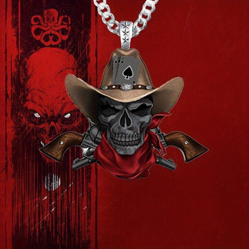 A Gothic Skull Necklace for Men, Retro Fashion Revolver, Western Cowboy Pendant, Punk Stainless Steel Men'S Jewelry, Gift Giving, Party, Birthday Jewelry, Creative and Cool Halloween Gift, Retro Style, Daily Wear, Celebration
