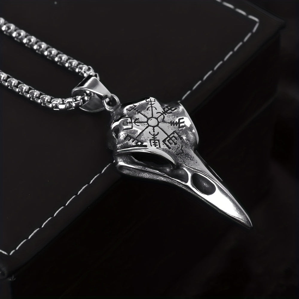 Plated 925 Silvery Chain Pendant, Odin'S Rune Amulet, Men'S Punk Style Crow Skull Pendant Necklace, Viking Jewelry