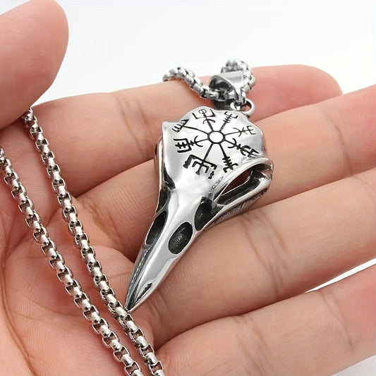 Plated 925 Silvery Chain Pendant, Odin'S Rune Amulet, Men'S Punk Style Crow Skull Pendant Necklace, Viking Jewelry