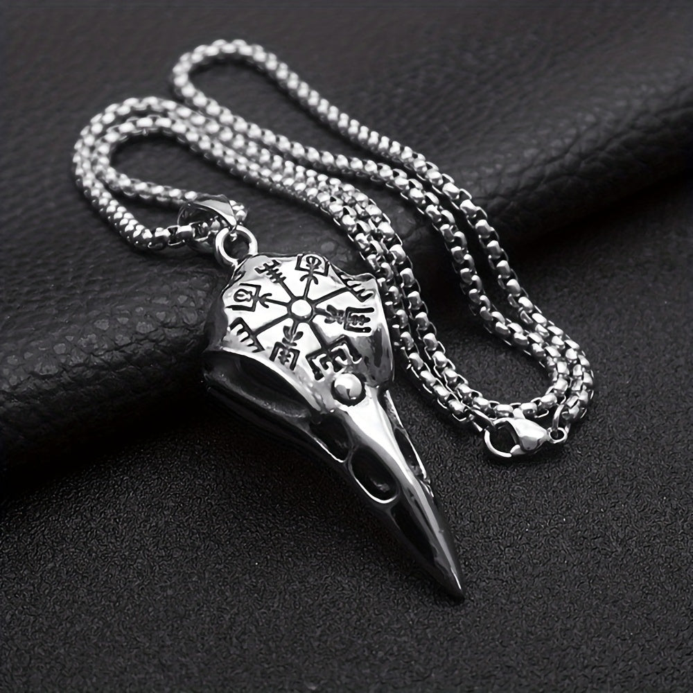 Plated 925 Silvery Chain Pendant, Odin'S Rune Amulet, Men'S Punk Style Crow Skull Pendant Necklace, Viking Jewelry