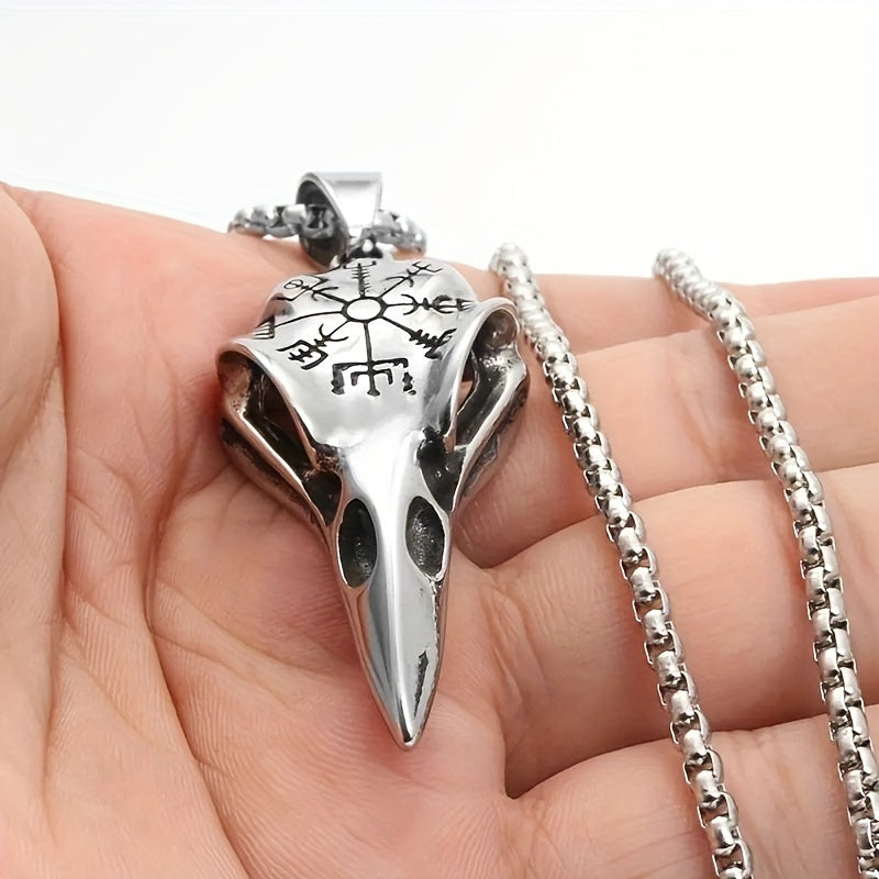 Plated 925 Silvery Chain Pendant, Odin'S Rune Amulet, Men'S Punk Style Crow Skull Pendant Necklace, Viking Jewelry