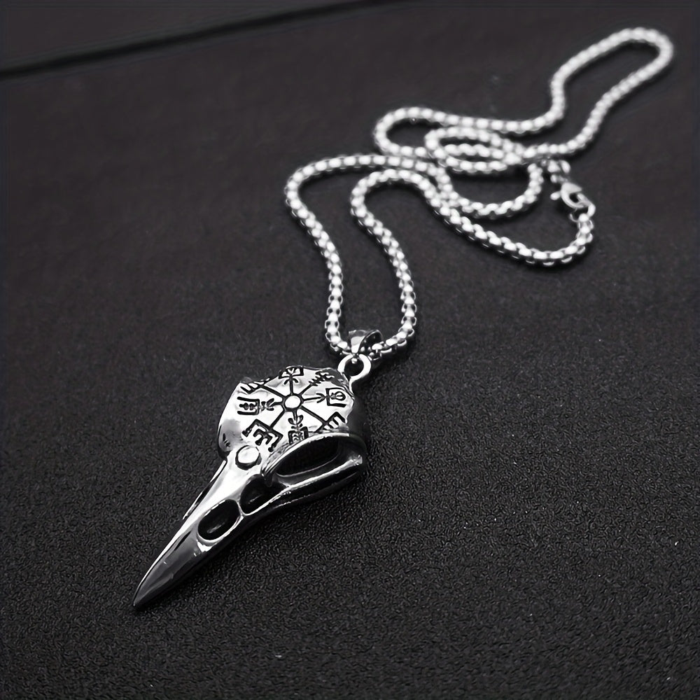 Plated 925 Silvery Chain Pendant, Odin'S Rune Amulet, Men'S Punk Style Crow Skull Pendant Necklace, Viking Jewelry