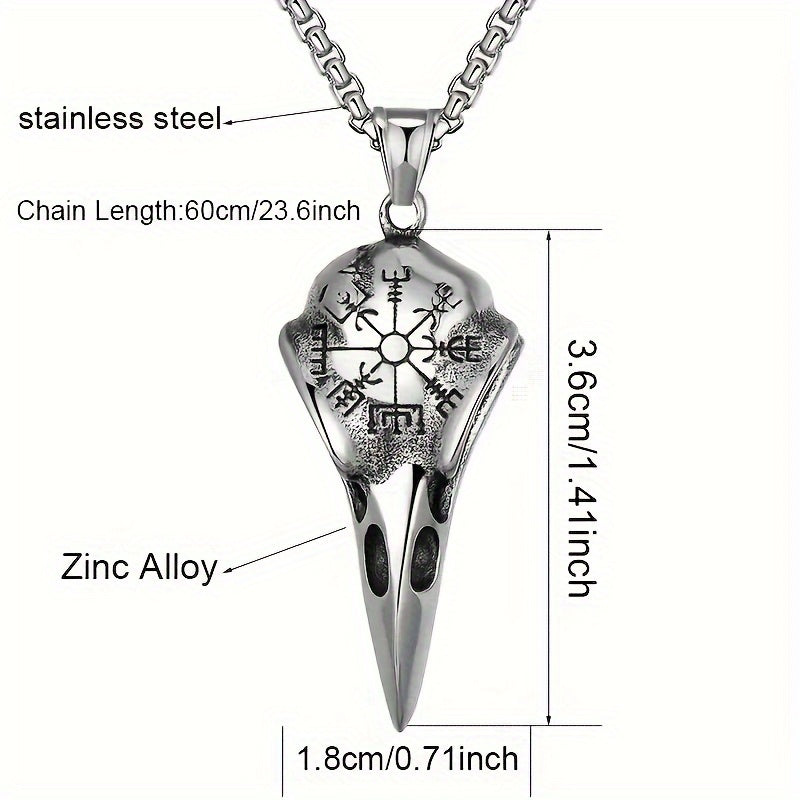Plated 925 Silvery Chain Pendant, Odin'S Rune Amulet, Men'S Punk Style Crow Skull Pendant Necklace, Viking Jewelry