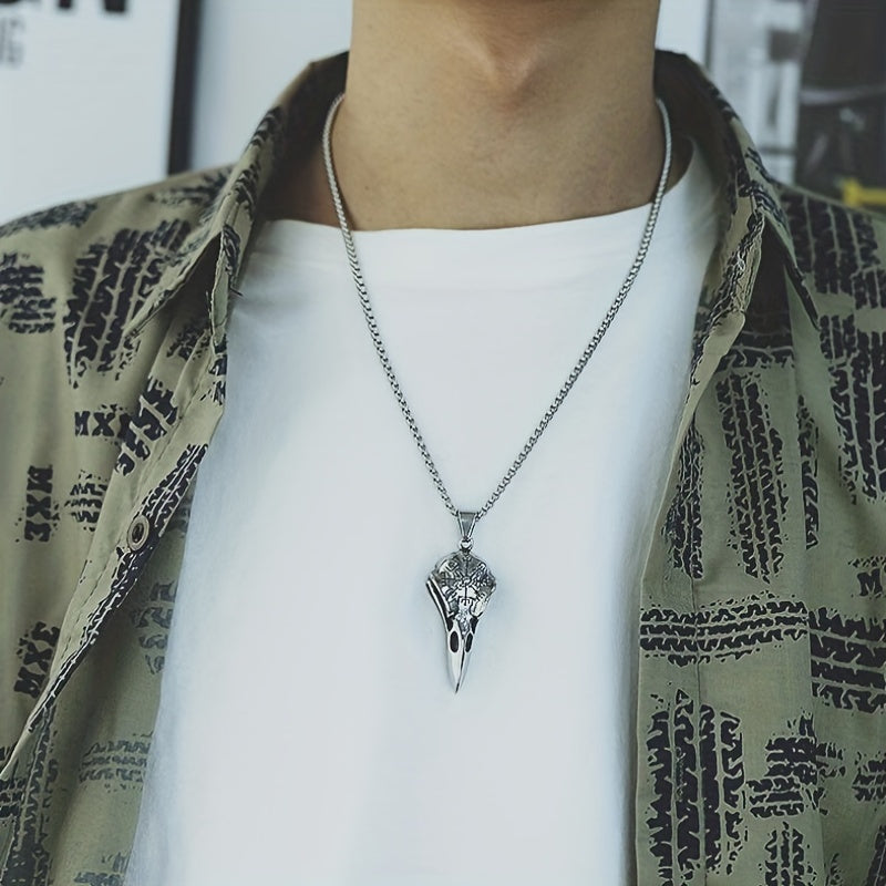 Plated 925 Silvery Chain Pendant, Odin'S Rune Amulet, Men'S Punk Style Crow Skull Pendant Necklace, Viking Jewelry