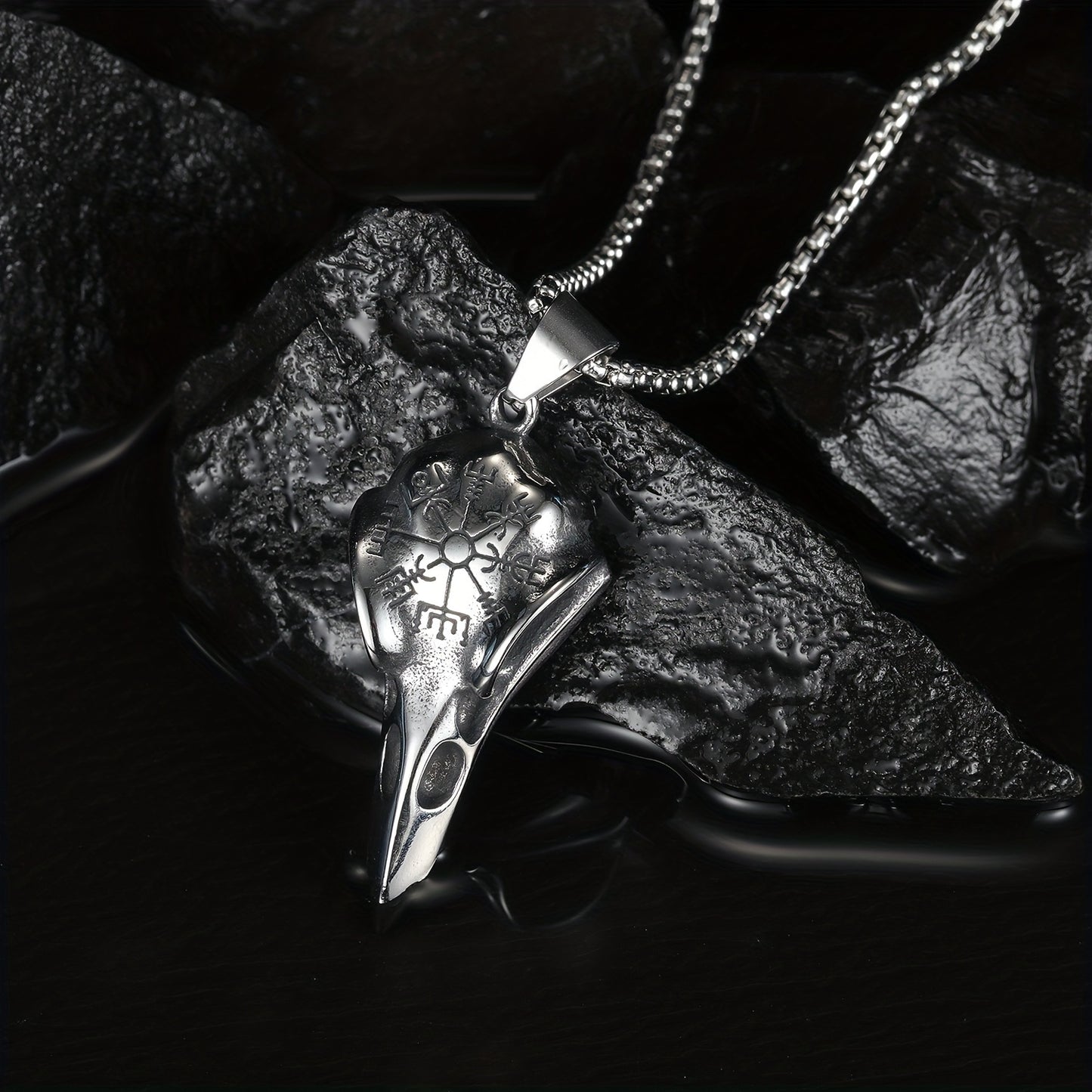 Plated 925 Silvery Chain Pendant, Odin'S Rune Amulet, Men'S Punk Style Crow Skull Pendant Necklace, Viking Jewelry