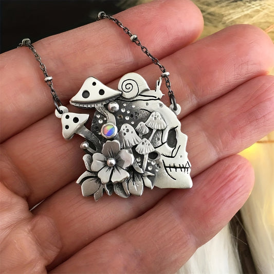 Vintage Mushroom Flower Skull Pattern Pendant Necklace For Women Personality Party Commemorative Gift