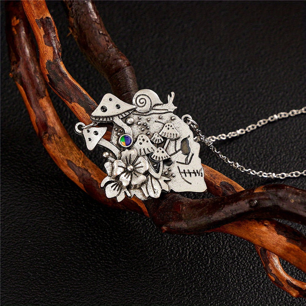 Vintage Mushroom Flower Skull Pattern Pendant Necklace For Women Personality Party Commemorative Gift
