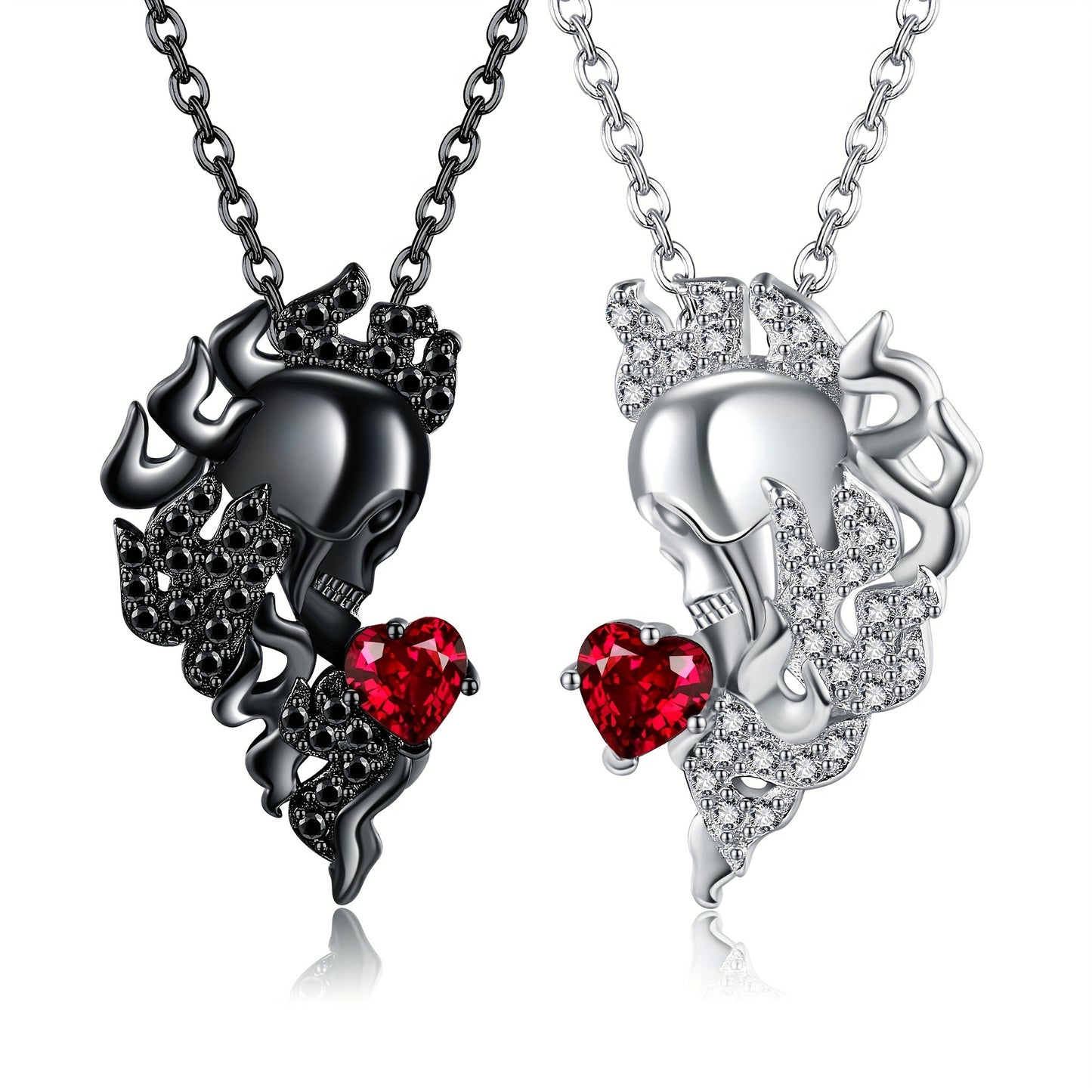 HUKKUN Skull Couple Necklace 925 Sterling Silver His And Hers Matching Necklace Heart Symbol Of Love Pendant Couples Valentine's Day Jewellery Gifts For Couple