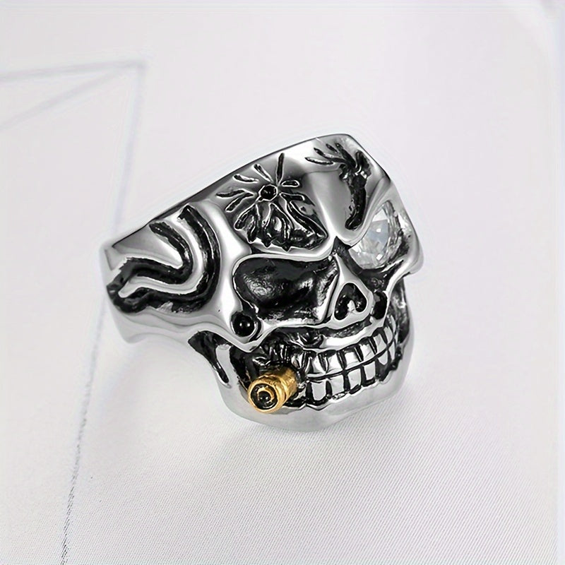 [Titanium Steel Skull Ring] Punk Style Titanium Steel Skull Ring - Glass Eye and Pipe Detail Single Ring