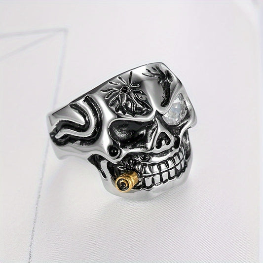 [Titanium Steel Skull Ring] Punk Style Titanium Steel Skull Ring - Glass Eye and Pipe Detail Single Ring