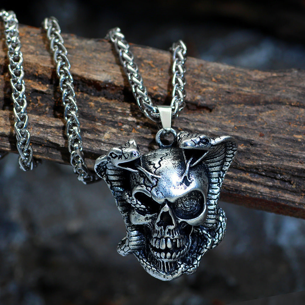 Trendy Hot Sale Double Snake Skull Pendant Necklace Popular Jewelry Retro Men's Necklace