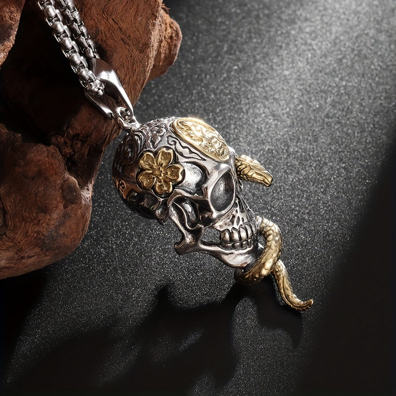 Unique Gothic Snake Wrapped Skull Pendant Necklace - Trendy Street Style Unisex Accessory - The Perfect Everyday Accessory Gift