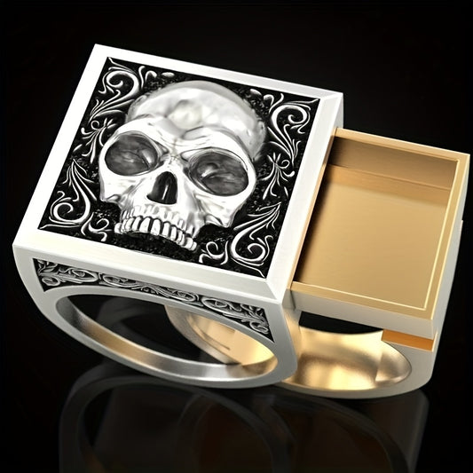 Vintage Hip-Hop Skull Head Design Two-Tone Fashion Ring Party, with Hidden Storage Box, Luxury Jewelry, Daily Gift - The Perfect Gift for Her/His