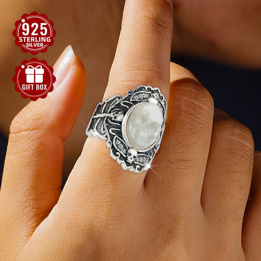 Total Weight 9.8g 1pc Women's Fashion Wide Face Ring 925 Pure Silvery Retro Gothic Style Skull Open Adjustable Ring Suitable for Daily Wear Halloween Surprise Gift First Choice, VIGG