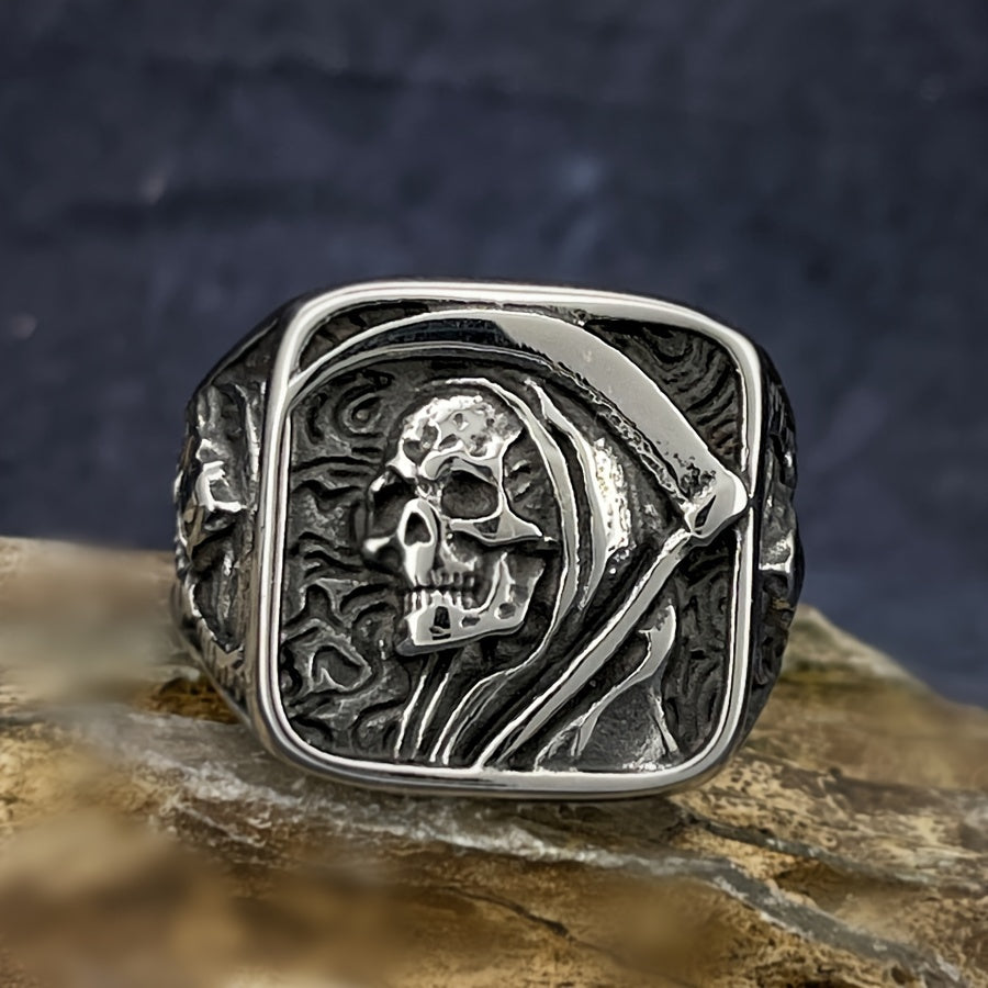 Stainless Steel Men's Ring - Vintage Punk Rock Style with Grim Reaper Skull Design, Single Piece
