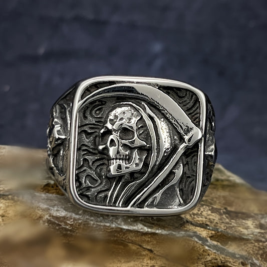 Stainless Steel Men's Ring - Vintage Punk Rock Style with Grim Reaper Skull Design, Single Piece