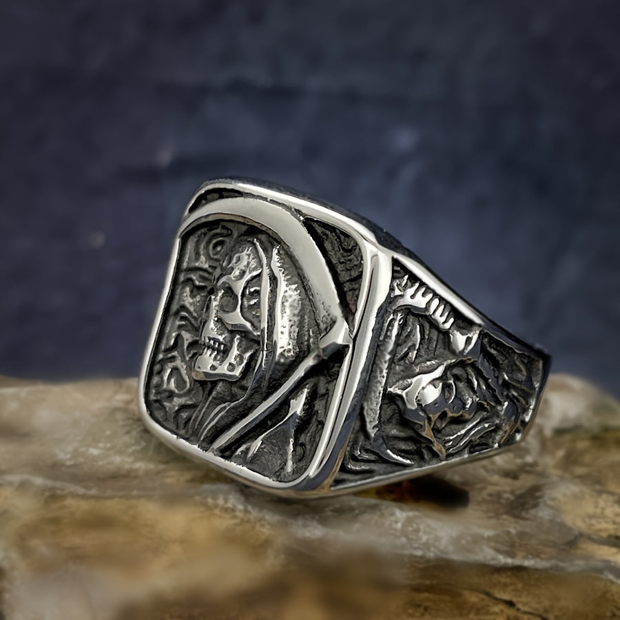 Stainless Steel Men's Ring - Vintage Punk Rock Style with Grim Reaper Skull Design, Single Piece