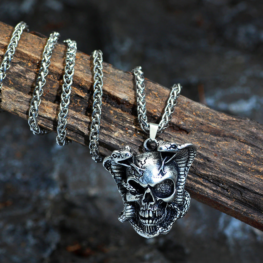 Trendy Hot Sale Double Snake Skull Pendant Necklace Popular Jewelry Retro Men's Necklace