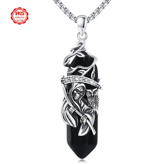 Santa Muerte Necklace for Men Sterling Silvery Owl Skull Grim Reaper Pendant Heart Artificial Crystal Oxidation Skull Holy Death Scythe Aumelt Charm Necklace Jewelry Gifts for Father Halloween Christmas