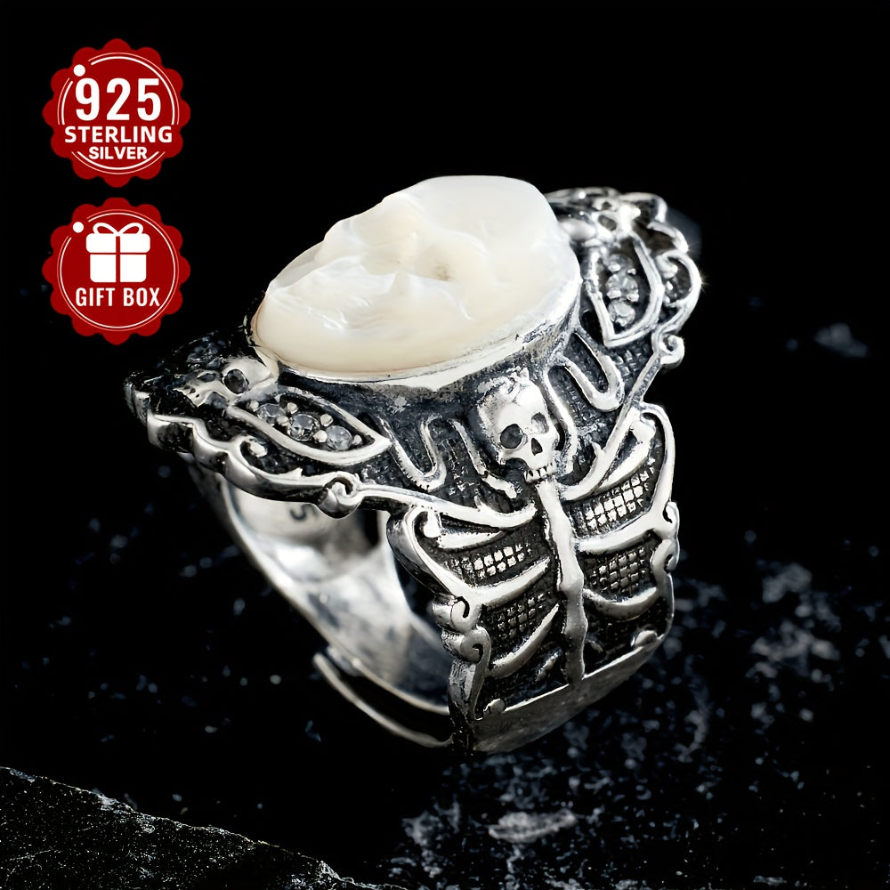 Total Weight 9.8g 1pc Women's Fashion Wide Face Ring 925 Pure Silvery Retro Gothic Style Skull Open Adjustable Ring Suitable for Daily Wear Halloween Surprise Gift First Choice, VIGG