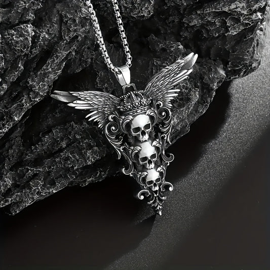 Retro Gothic Style Skull Wings Pendant Necklace, Stylish Dark Style Halloween Decorations, Men'S Motorcycle Accessories Party Jewelry Gifts