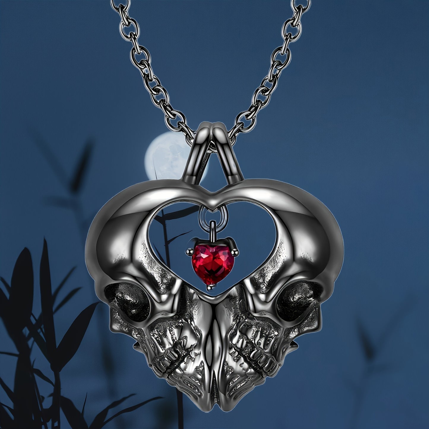 Fashion Halloween Double Skull Pendant Necklace, Heart Necklace Birthday Gift Halloween Gift Anniversary Gift Holiday Party Gift