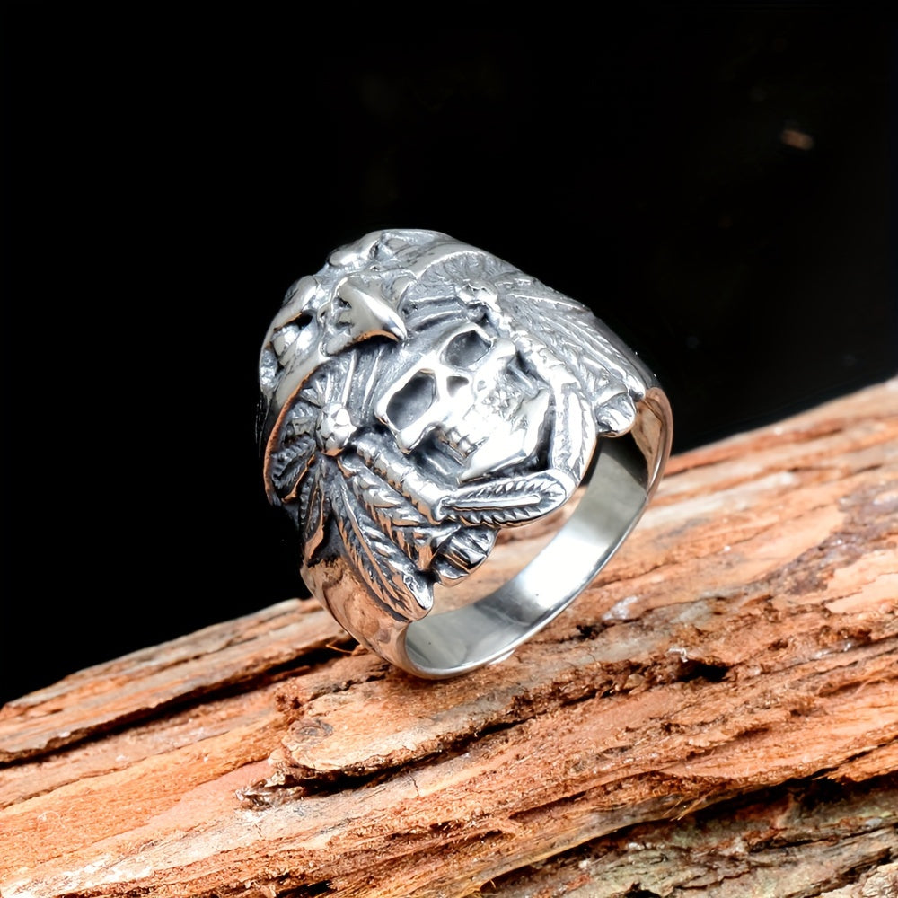 Retro Skull Design Stainless Steel Wide Ring For Men