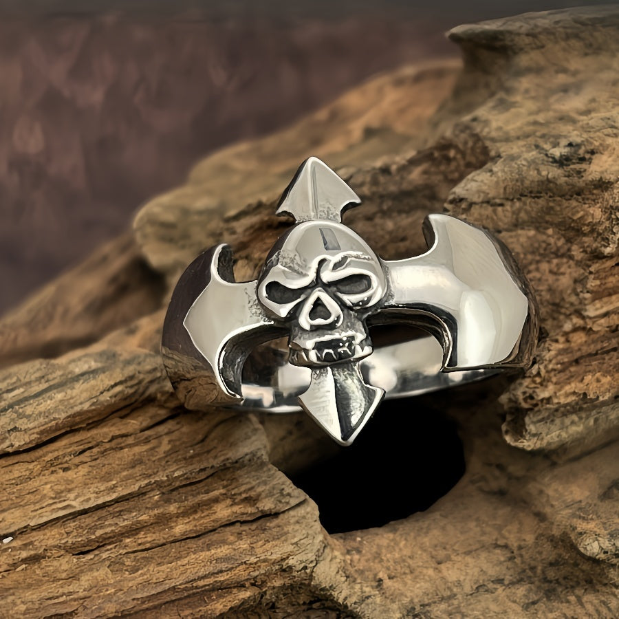 Stylish Men's Stainless Steel Ring with Vintage Skull Design - Simple Cross-Shaped Fashion Statement, European And American Style