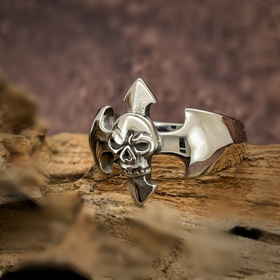 Stylish Men's Stainless Steel Ring with Vintage Skull Design - Simple Cross-Shaped Fashion Statement, European And American Style