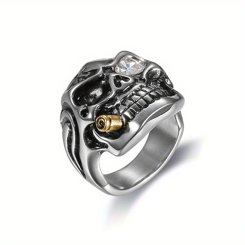 [Titanium Steel Skull Ring] Punk Style Titanium Steel Skull Ring - Glass Eye and Pipe Detail Single Ring