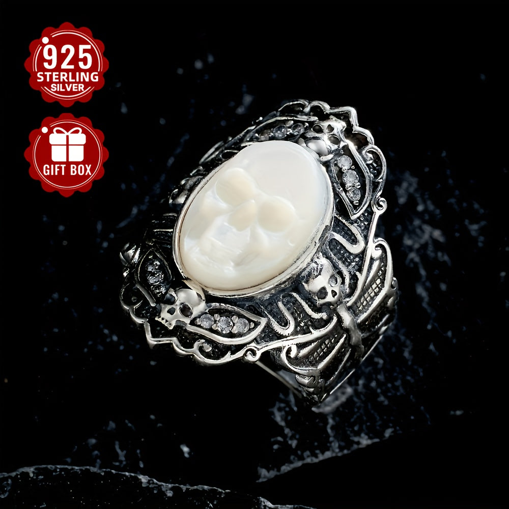 Total Weight 9.8g 1pc Women's Fashion Wide Face Ring 925 Pure Silvery Retro Gothic Style Skull Open Adjustable Ring Suitable for Daily Wear Halloween Surprise Gift First Choice, VIGG