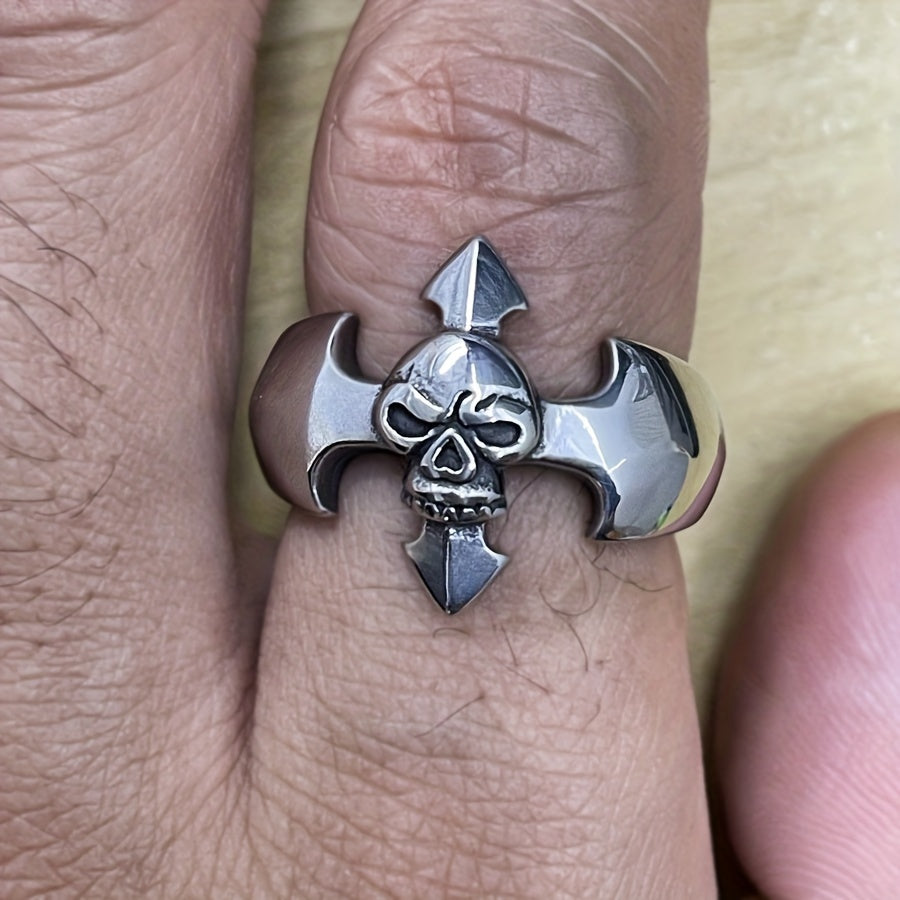 Stylish Men's Stainless Steel Ring with Vintage Skull Design - Simple Cross-Shaped Fashion Statement, European And American Style
