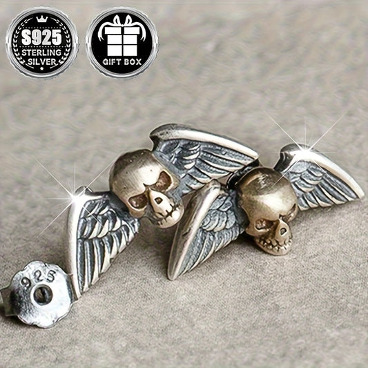 2pc925 Pure Silvery, Silvery Weight About 1g, Skull Wings Earrings, Retro Gothic Punk Style Halloween Party Earrings, Exquisite Holiday Gift