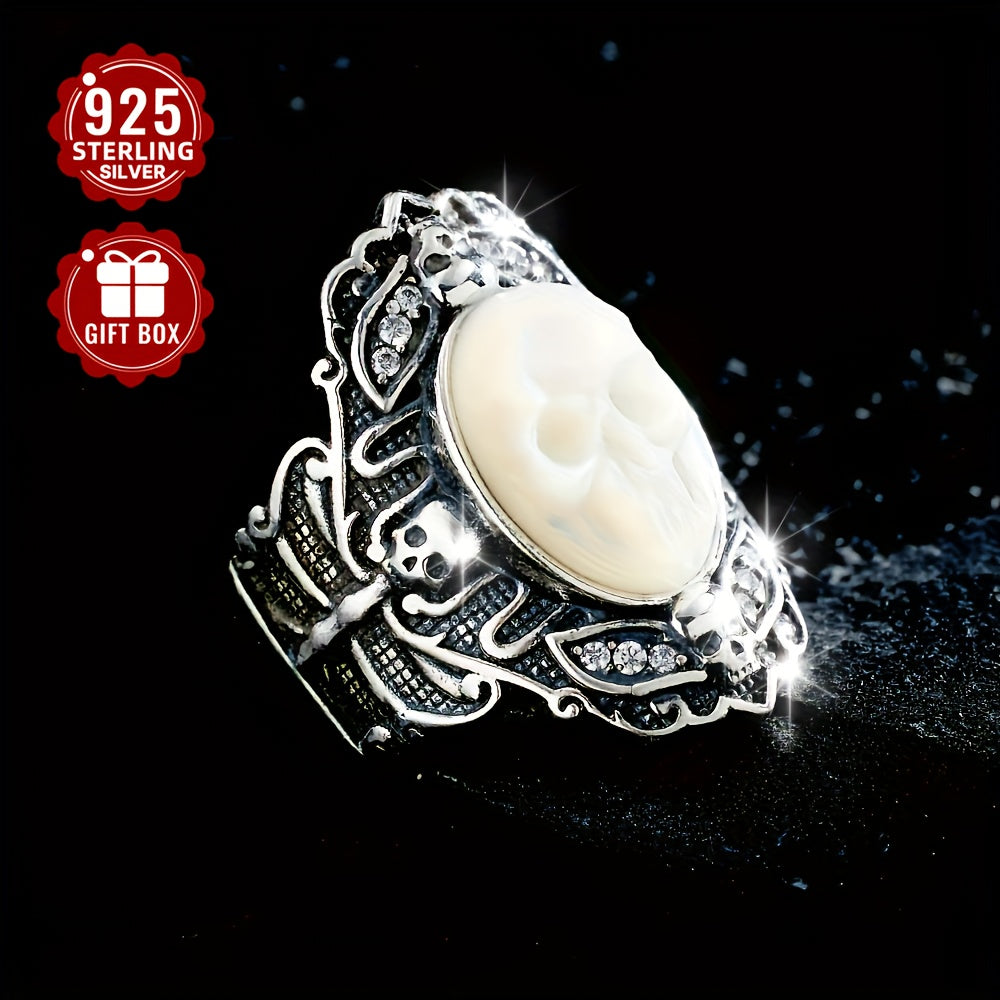 Total Weight 9.8g 1pc Women's Fashion Wide Face Ring 925 Pure Silvery Retro Gothic Style Skull Open Adjustable Ring Suitable for Daily Wear Halloween Surprise Gift First Choice, VIGG