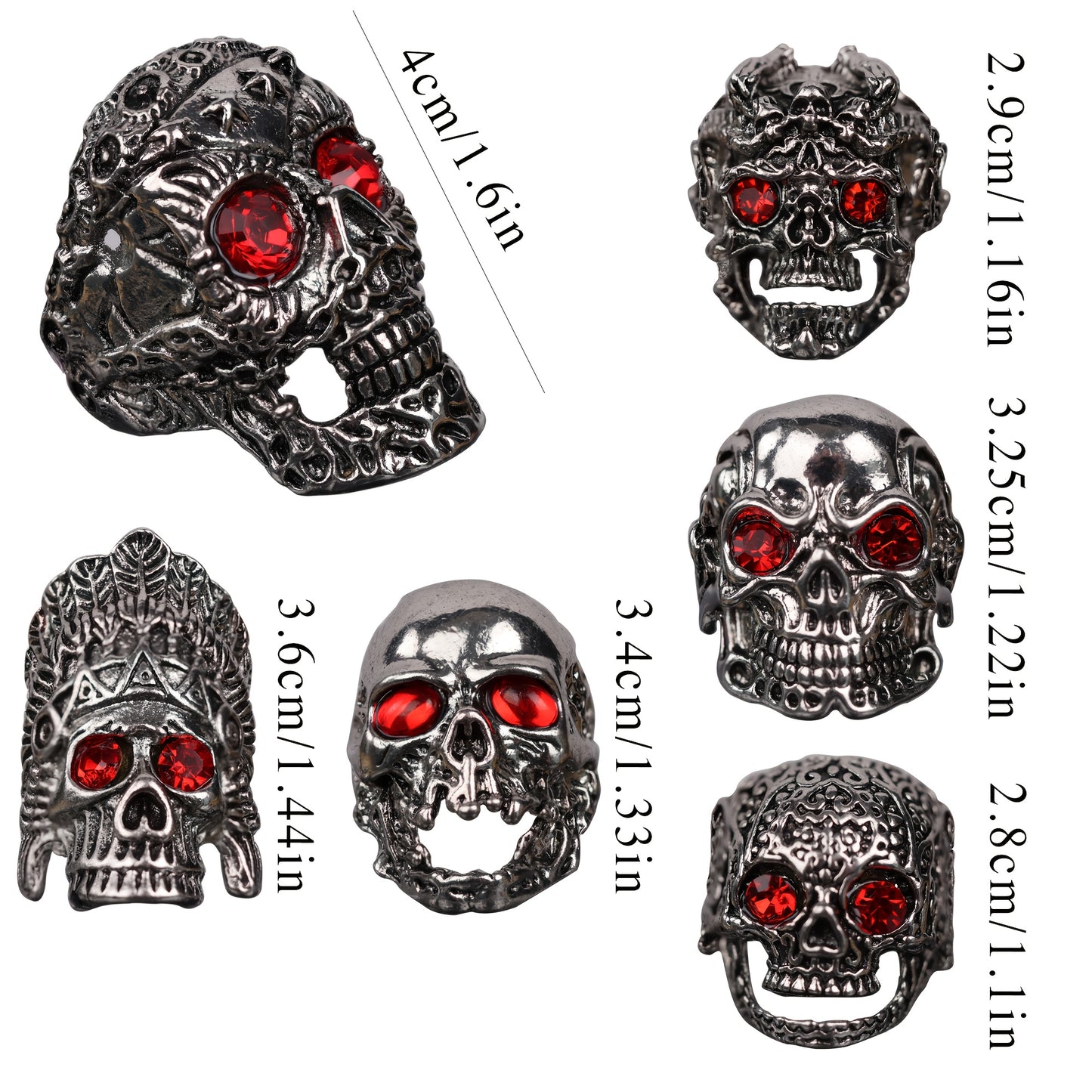 6pcs Large Skull Ring with Red Eye Stone Inlaid Vintage MetalHead Punk Ring Collection Gift Father's Day Holiday