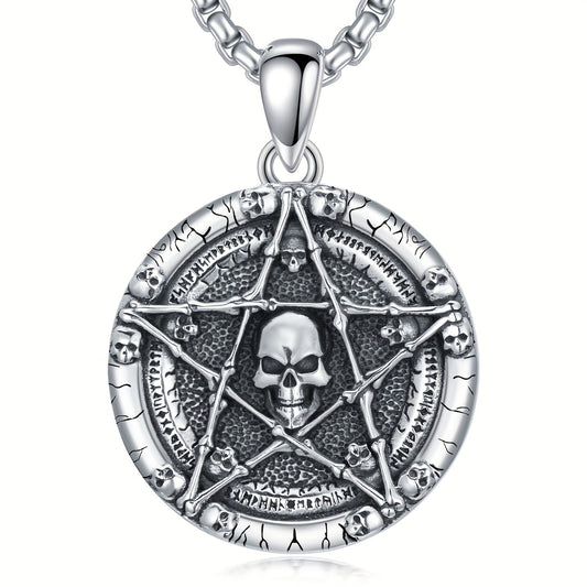 Pentagram Skull Necklace 925 Sterling Silvery Skull Bone Pendant Gothic Skull Jewelry For Men Women