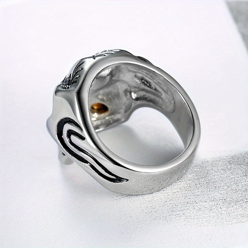 [Titanium Steel Skull Ring] Punk Style Titanium Steel Skull Ring - Glass Eye and Pipe Detail Single Ring