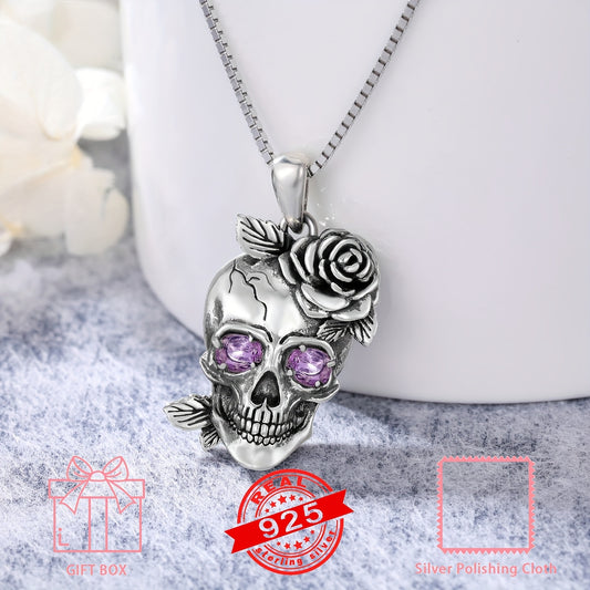 Amethyst Skull Necklace 925 Sterling Silver Gothic Rose Flower Skull Bone Pendant Necklaces Halloween Jewelry Birthday Gifts for Women
