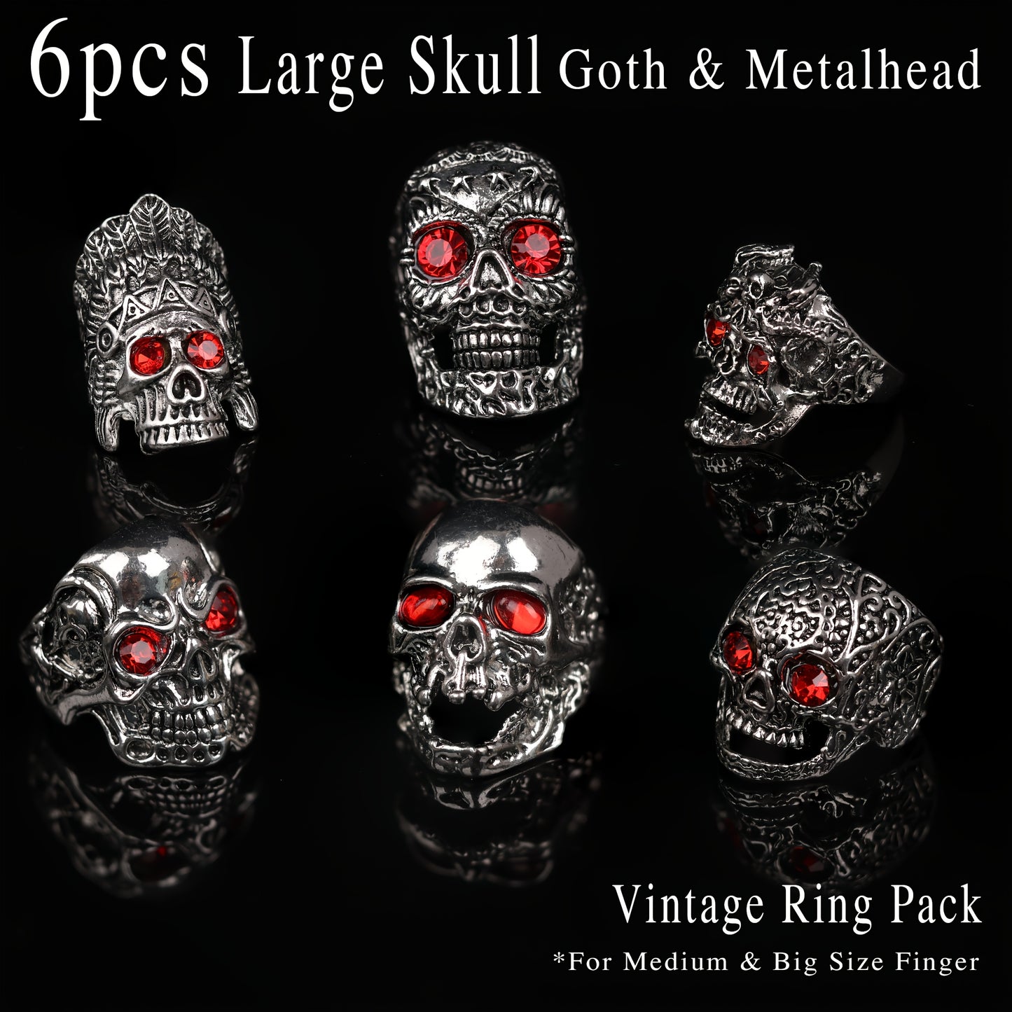 6pcs Large Skull Ring with Red Eye Stone Inlaid Vintage MetalHead Punk Ring Collection Gift Father's Day Holiday
