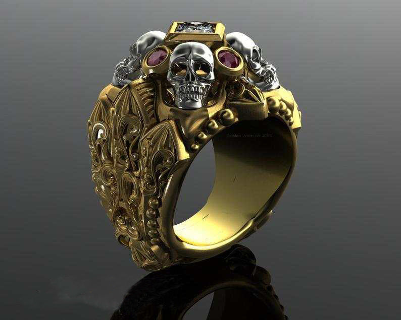 Edgy Punk Rock Skull Ring with Pink Gemstone and Golden Accents - Bold Unisex Statement Jewelry for Parties, Concerts, and Casual Attire, Punk Accessories
