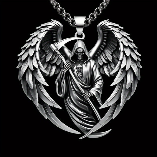 Men's 316L Stainless Steel Hell Reaper Skull Wing Pendant Necklace - Hip Hop Punk Style, White Golden Plated, Durable Chain Included, Punk Rock Accessory|Bold Fashion Piece|Durable Jewelry