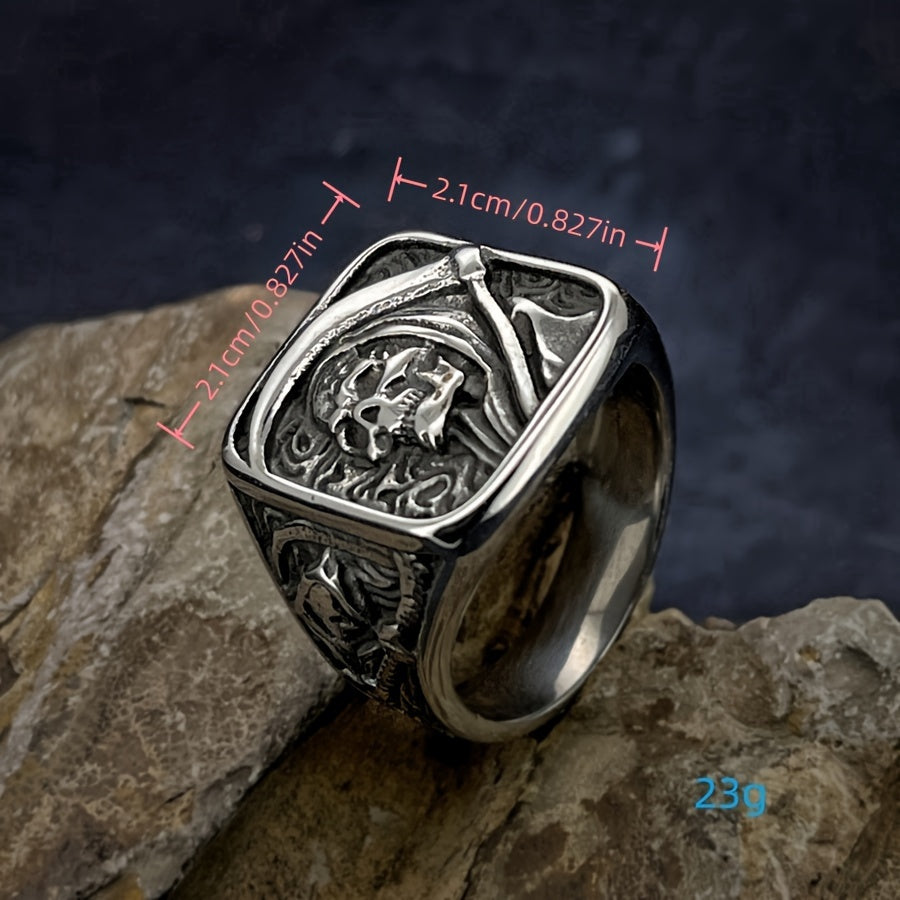 Stainless Steel Men's Ring - Vintage Punk Rock Style with Grim Reaper Skull Design, Single Piece