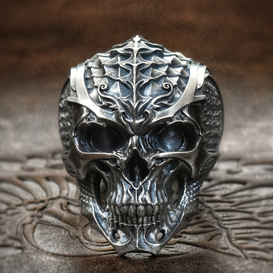 Handcrafted Silvery Dragon Scale Skull Ring - Abyss Demon Warrior Design, Perfect for Birthday & New Year Gifts